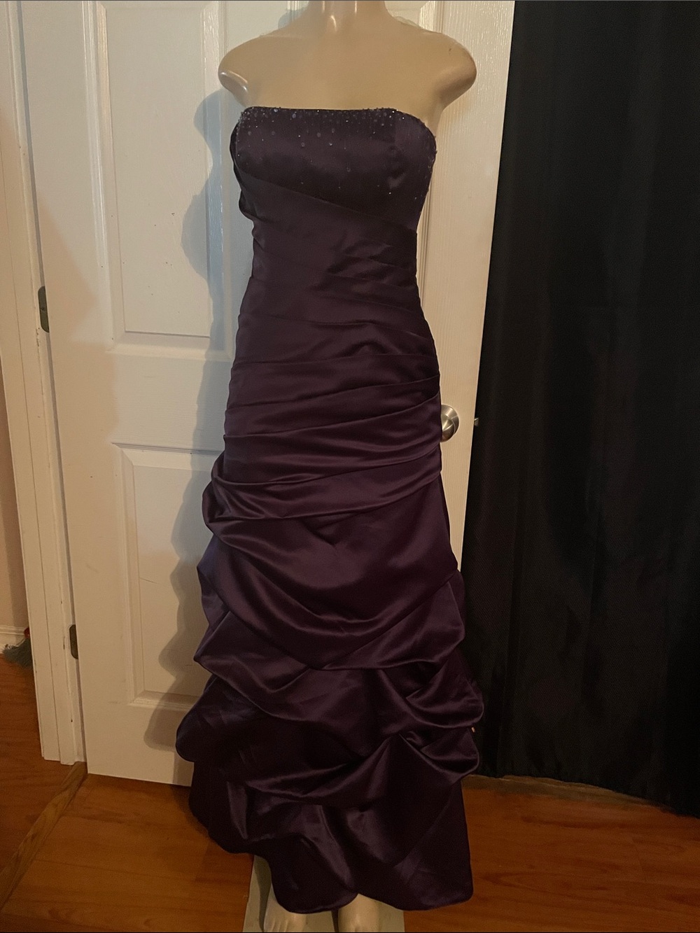David's Bridal Strapless Beaded Bodice Satin Gown in Purple